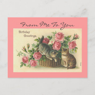Carte Postale Roses roses vintages/Chats Anniversaire -Carte pos
