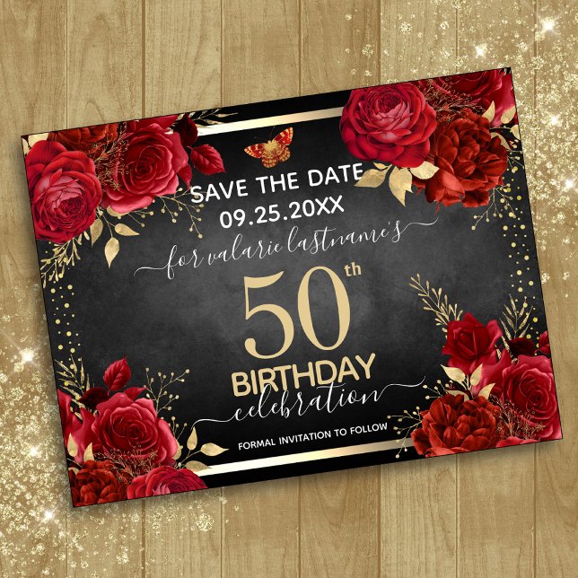Carte Postale Roses rouges 50e anniversaire Enregistrez la date (Créateur téléchargé)