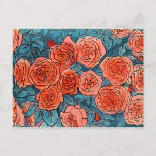 Carte Postale Roses Rouges, Jardin de Roses, Croquis à l'encre e
