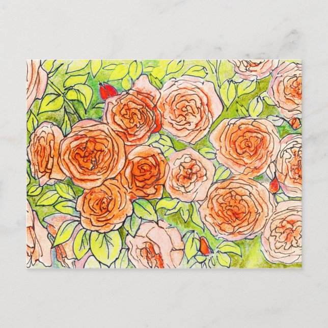Carte Postale Roses rouges, Jardin Rose vert Croquis floral (Devant)