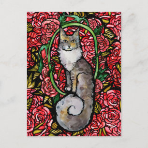 Carte Postale Roses Rouges Maine Coon Chat Kitty Art Rose Jardin