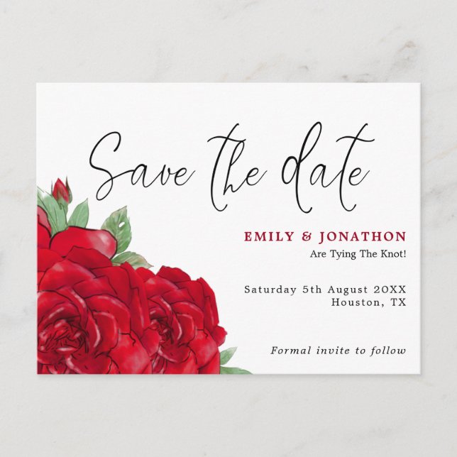 Carte Postale Roses Rouges Riches Mariage Enregistrer La Date (Devant)