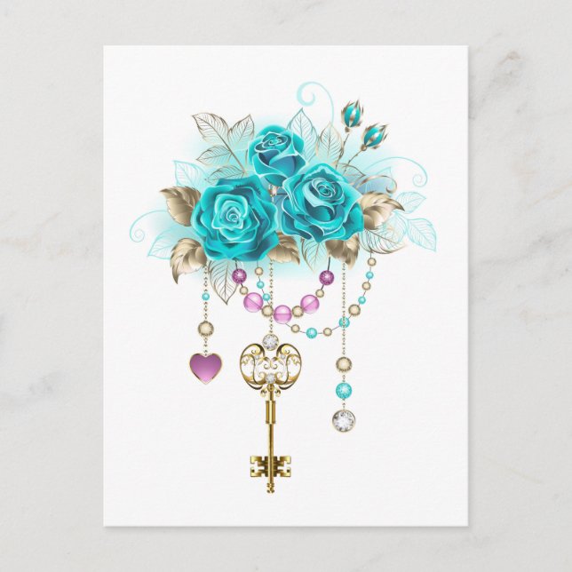 Carte Postale Roses turquoise avec touches (Devant)