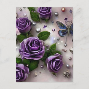 Carte Postale Roses Violettes & Perles