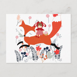 Carte Postale Roue équitation fille et renard dans le jardin fle