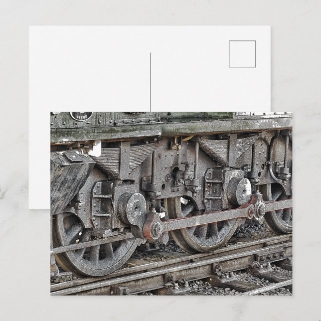 CARTE POSTALE ROUES DE TRAIN À VAPEUR (Devant / Derrière)