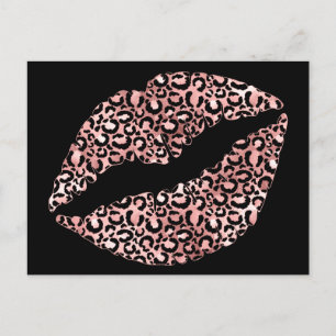 Carte Postale Rouge à lèvres baiser tache de léopard or rose et 