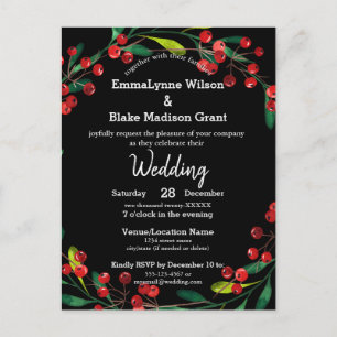 Carte Postale Rouge Berries Green Wreath Black Silver Mariage In