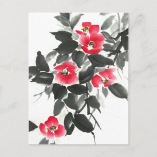 Carte Postale Rouge camellia suie encre et aquarelle peinture