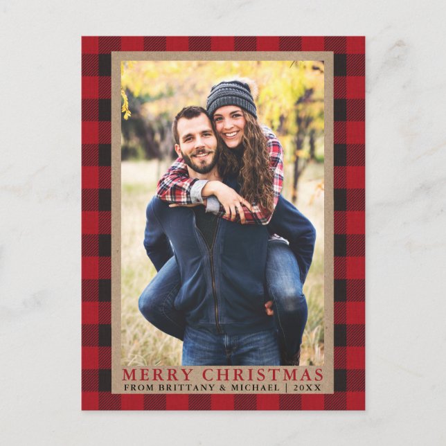 Carte Postale Rouge Carreaux Couple Photo Joyeux Noël Kraft (Devant)