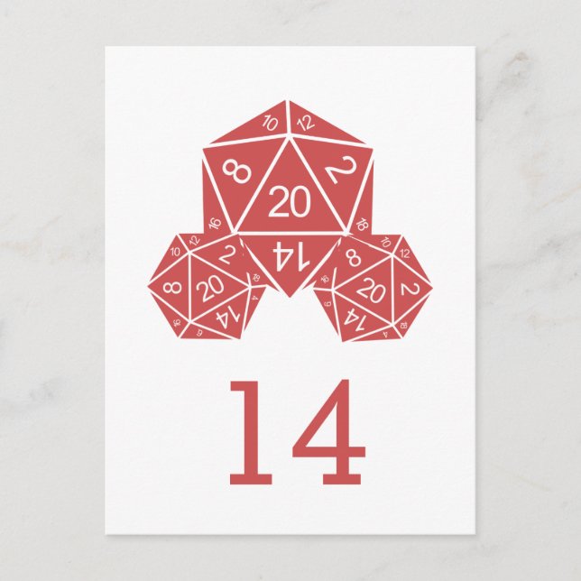Carte postale rouge D20 Numéro de table de dés (Devant)
