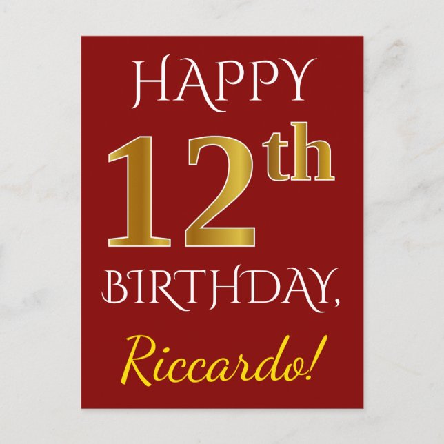 Carte Postale Rouge, Faux Gold 12e anniversaire + Nom personnali (Devant)