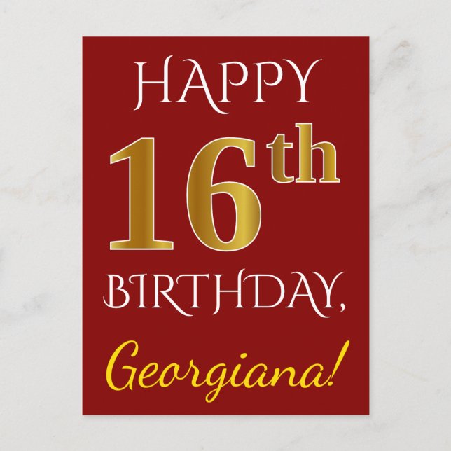 Carte Postale Rouge, Faux Gold 16e anniversaire + Nom personnali (Devant)