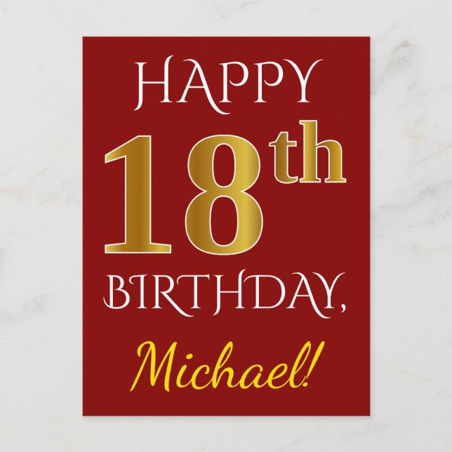 Carte Postale Rouge, Faux Gold 18e anniversaire + Nom personnali (Devant)