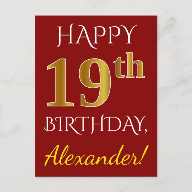 Carte Postale Rouge, Faux Gold 19e anniversaire + Nom personnali (Devant)
