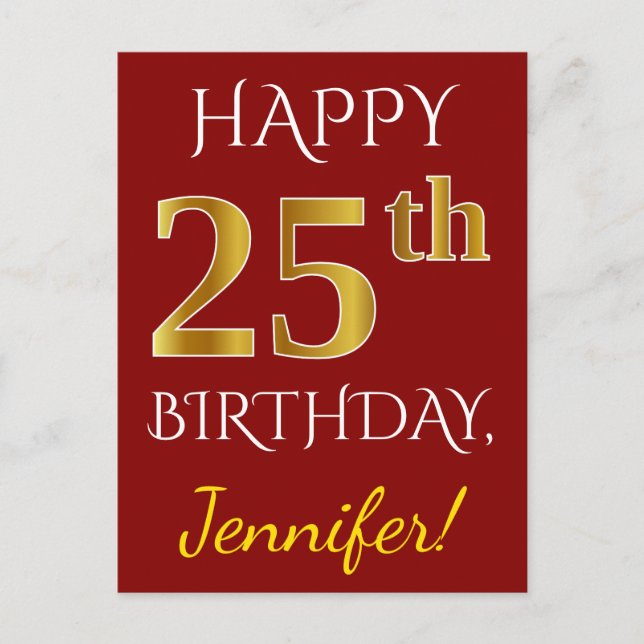 Carte Postale Rouge, Faux Gold 25e anniversaire + Nom personnali (Devant)
