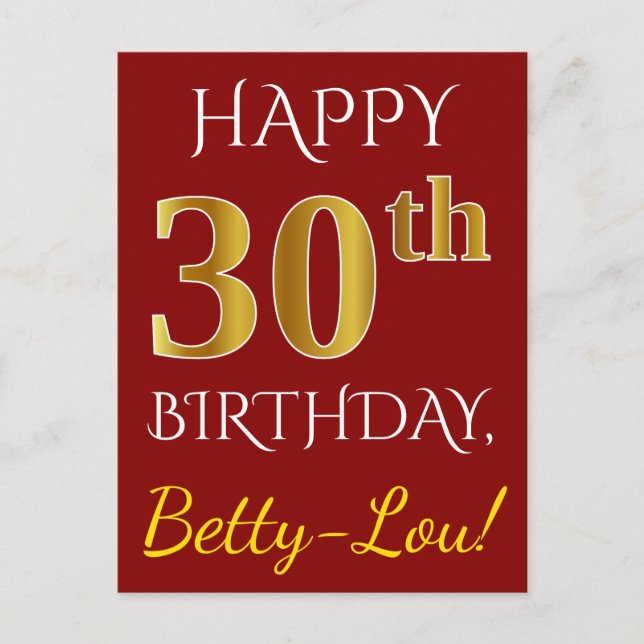 Carte Postale Rouge, Faux Gold 30e anniversaire + Nom personnali (Devant)