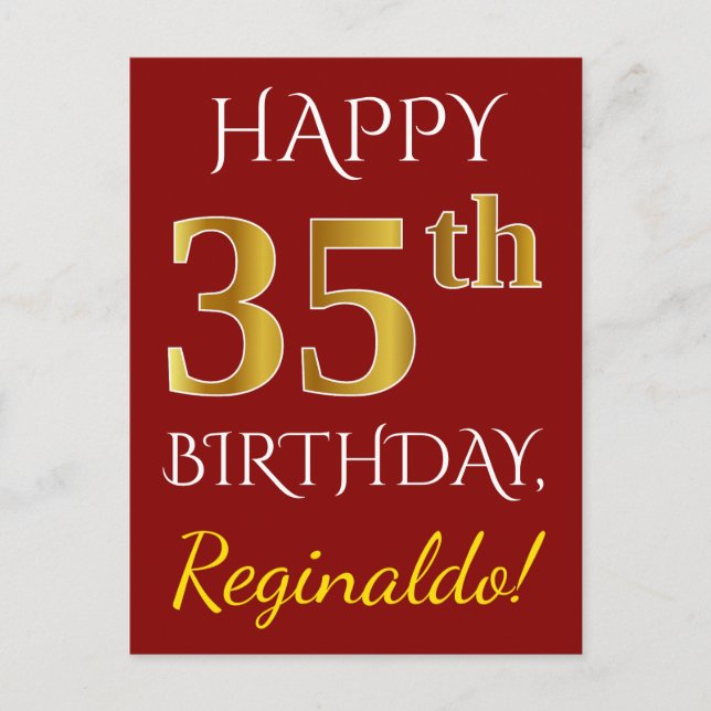 Carte Postale Rouge, Faux Gold 35e anniversaire + Nom personnali (Devant)