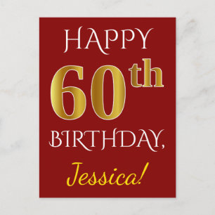 Carte Postale Rouge, Faux Gold 60e anniversaire + Nom personnali