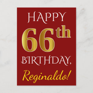 Carte Postale Rouge, Faux Gold 66e anniversaire + Nom personnali