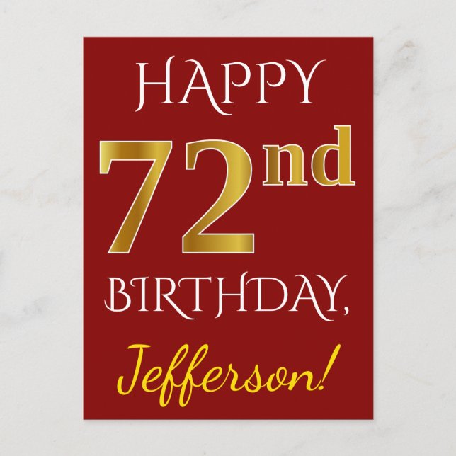 Carte Postale Rouge, Faux Gold 72e anniversaire + Nom personnali (Devant)
