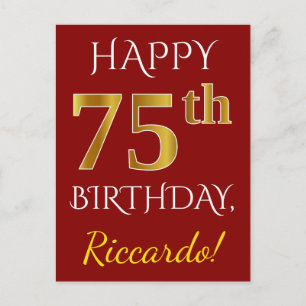Carte Postale Rouge, Faux Gold 75e anniversaire + Nom personnali