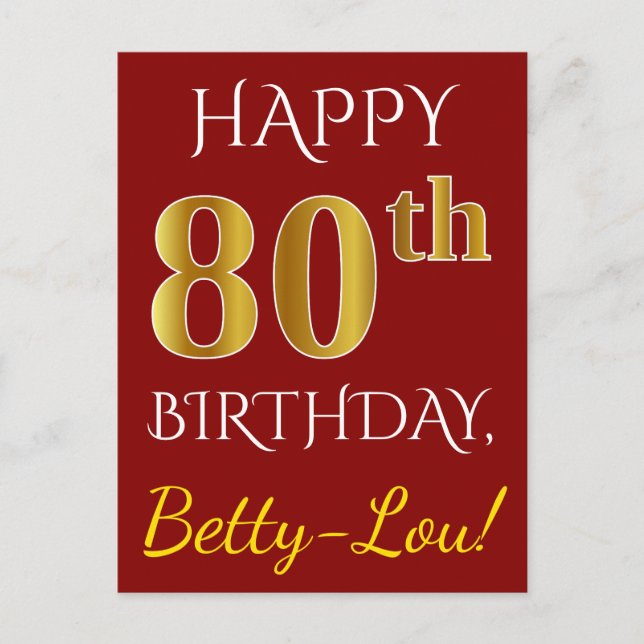 Carte Postale Rouge, Faux Gold 80e anniversaire + Nom personnali (Devant)