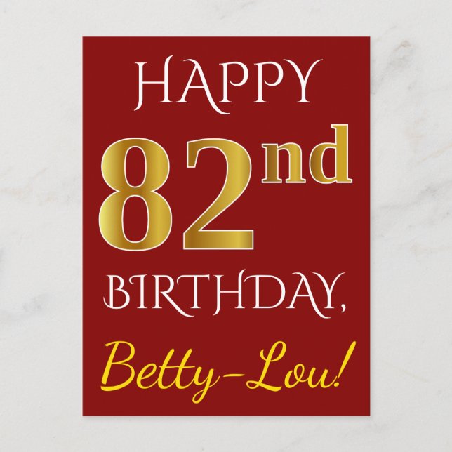 Carte Postale Rouge, Faux Gold 82e anniversaire + Nom personnali (Devant)