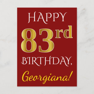 Carte Postale Rouge, Faux Gold 83e anniversaire + Nom personnali