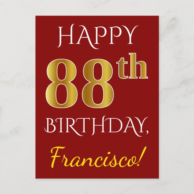 Carte Postale Rouge, Faux Gold 88e anniversaire + Nom personnali (Devant)