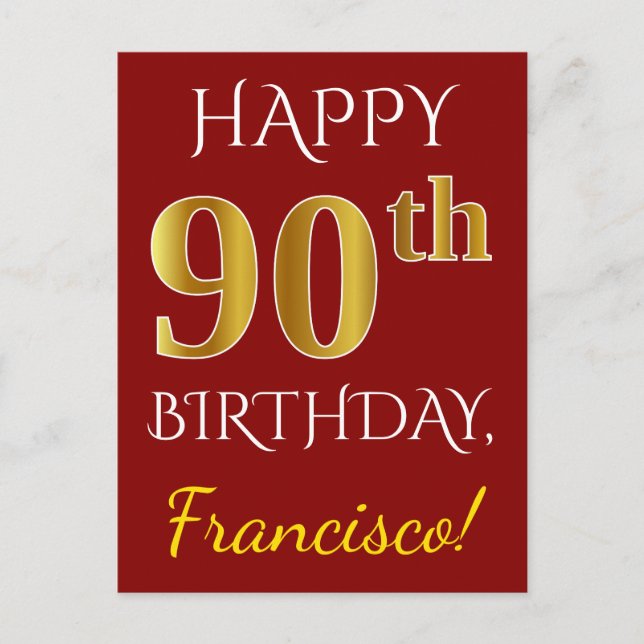 Carte Postale Rouge, Faux Gold 90e anniversaire + Nom personnali (Devant)