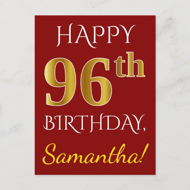 Carte Postale Rouge, Faux Gold 96e anniversaire + Nom personnali (Devant)