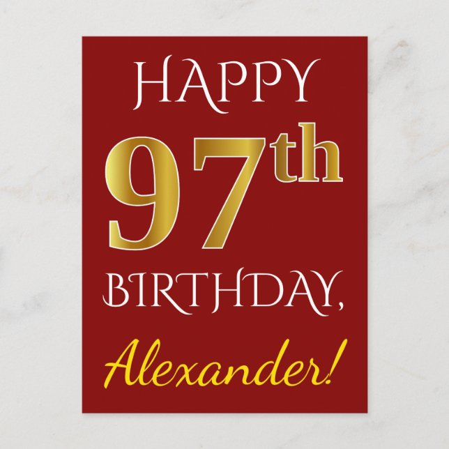 Carte Postale Rouge, Faux Gold 97e anniversaire + Nom personnali (Devant)