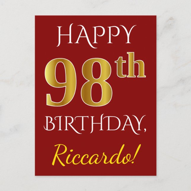 Carte Postale Rouge, Faux Gold 98e anniversaire + Nom personnali (Devant)