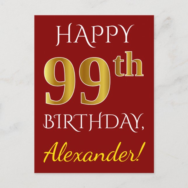 Carte Postale Rouge, Faux Gold 99e anniversaire + Nom personnali (Devant)