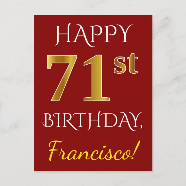 Carte Postale Rouge, Faux Or 71e Anniversaire + Nom Personnalisé (Devant)