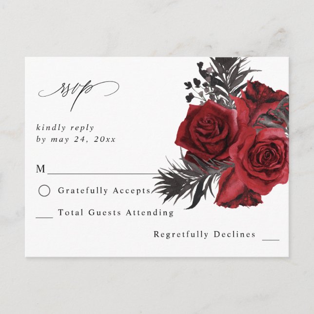 Carte Postale Rouge Floral & Noir sans repas RSVP V2 (Devant)