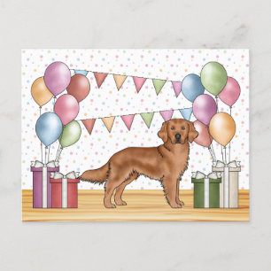 Carte Postale Rouge Golden Retriever Coloré Pastel Anniversaire