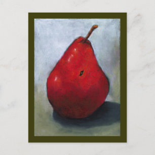 CARTE POSTALE ROUGE PEAR : HUILE PASTEL ART : FRUIT
