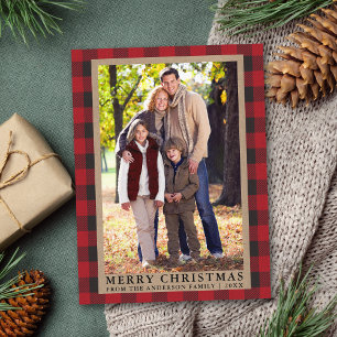 Carte Postale Rouge Plaid Joyeux Noël Kraft Photo de famille