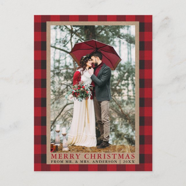 Carte Postale Rouge Plaid Mariage photo Joyeux Noël Kraft (Devant)
