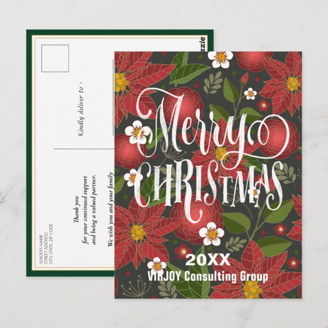 Carte Postale Rouge Poinsettia Floral Élégant Script Entreprise (Devant / Derrière)
