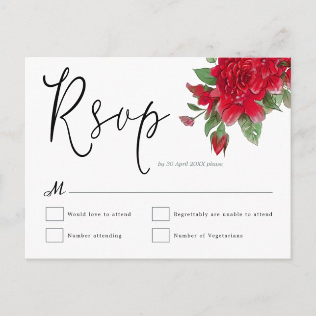 Carte Postale Rouge Roses Florales Feuille Script Mariage RSVP (Devant)