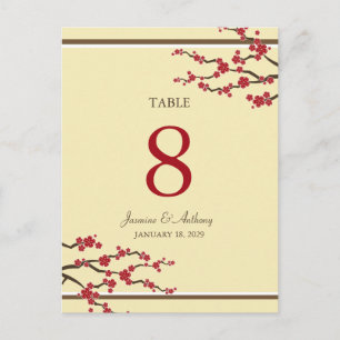 Carte Postale Rouge Sakura Cherry Blossoms Mariage Numéro de tab