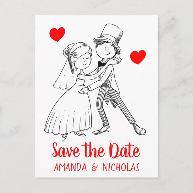 Carte Postale Rouge Sauvez la date Mariage Cartoon Bride Groom (Devant)
