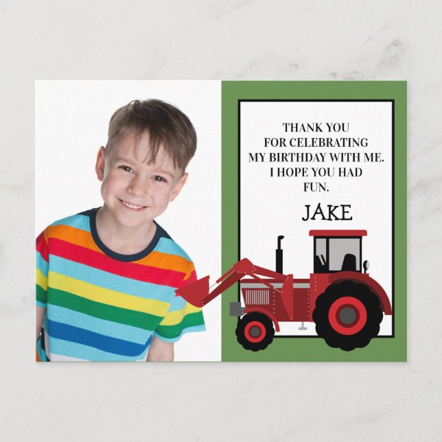 Carte Postale Rouge Tracteur vert Merci photo d'anniversaire (Devant)