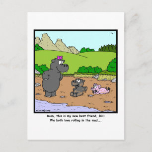 Carte Postale Rouler dans la boue : Caricature de porc et d'hipp