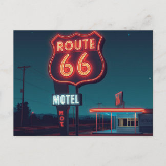 Carte Postale Route 66 Neon Motel Night Travel Art