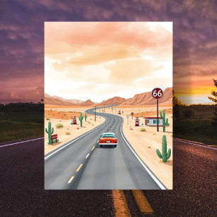 Carte Postale Route 66 USA Aquarelle Vintage Voyage