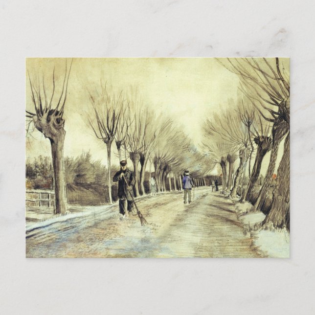 Carte Postale Route avec des saules pollués et un homme avec une (Devant)
